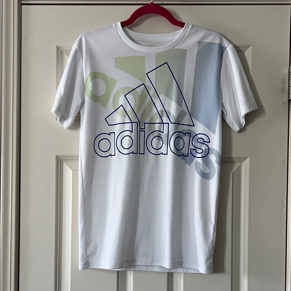 Adidas White and Blue Graphic Boys Large 14/16 Breathable Tee